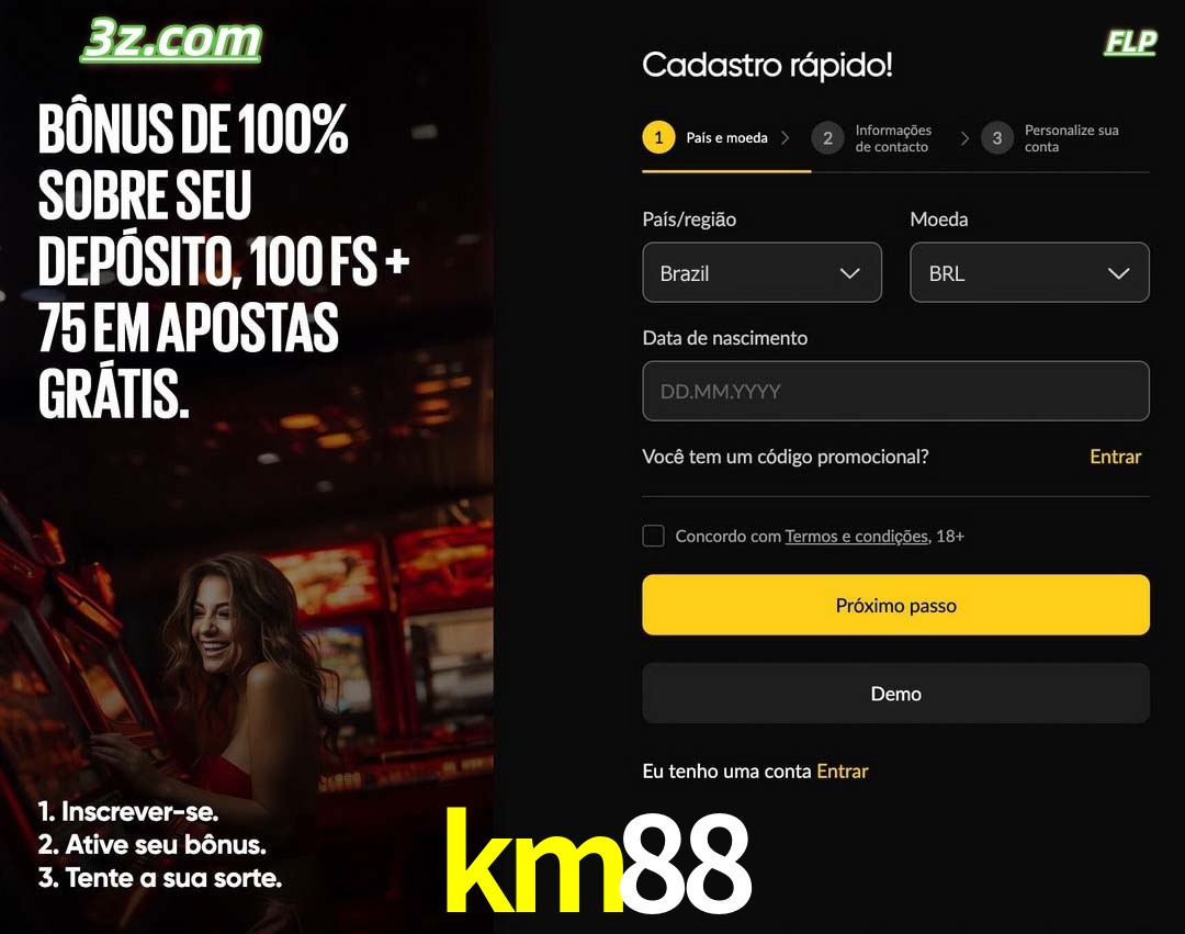 km88 registro oficial cassino online Brasil com bônus de depósito e free spins